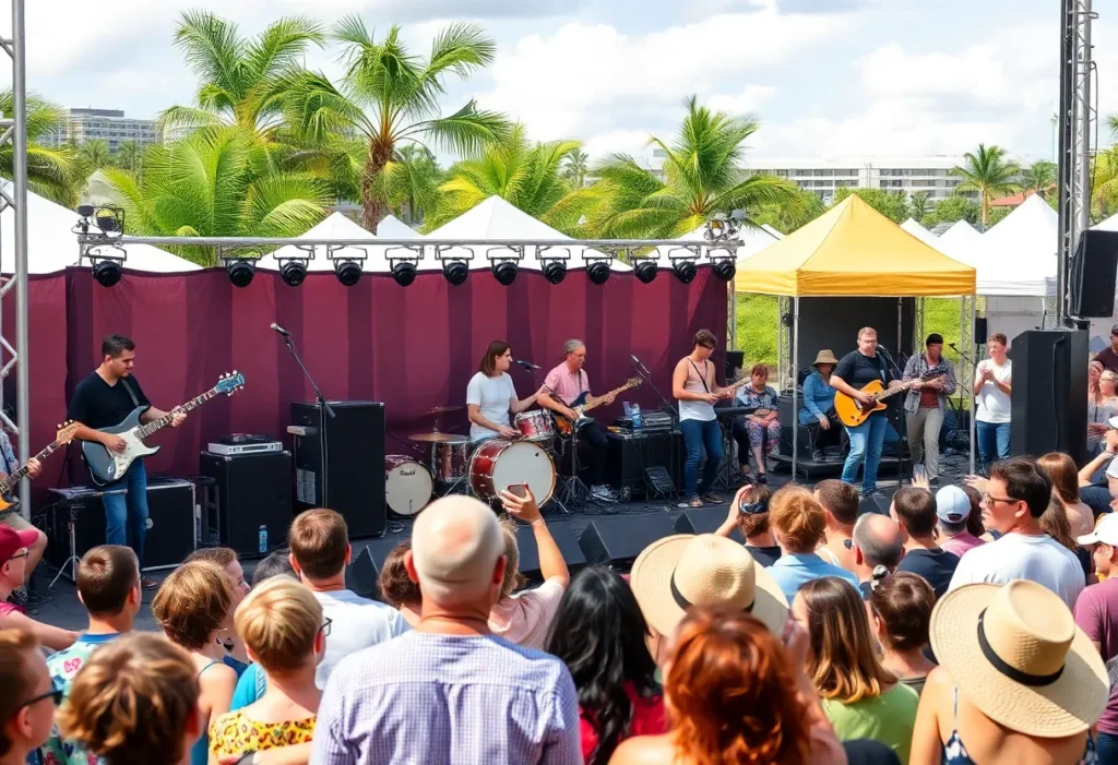 Outdoor scene of diverse musicians performing at the Orlando Live Music Festival.