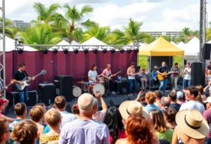 Outdoor scene of diverse musicians performing at the Orlando Live Music Festival.
