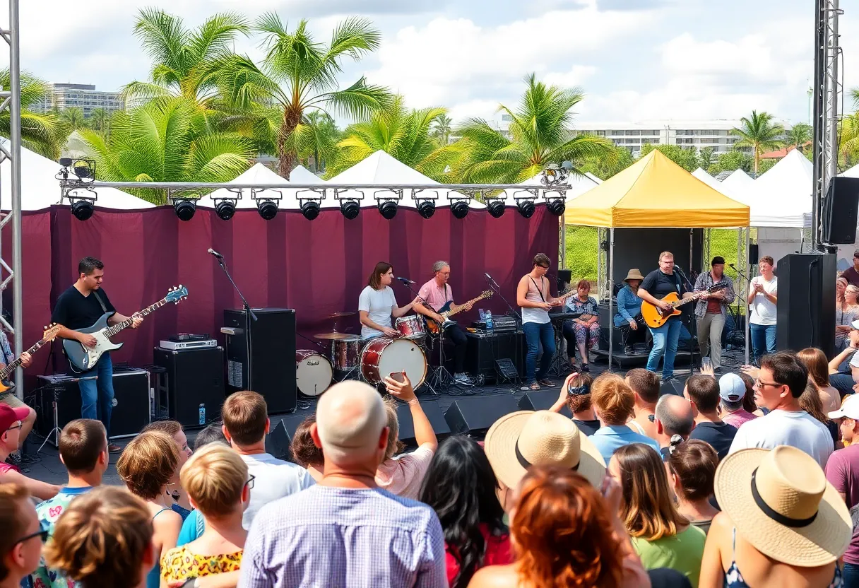 Outdoor scene of diverse musicians performing at the Orlando Live Music Festival.