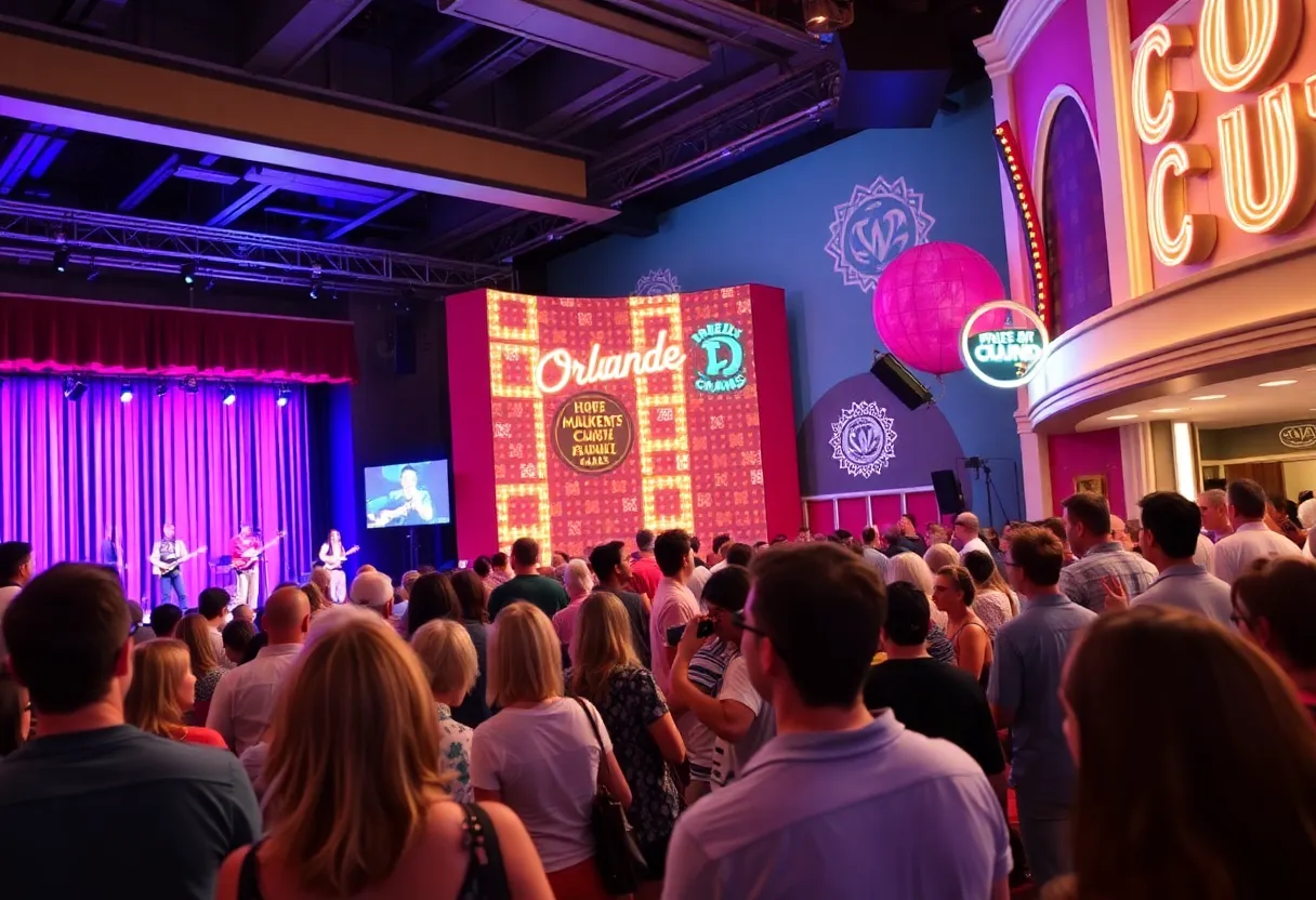A vibrant Orlando scene featuring various live performances, including theater, music, and comedy.