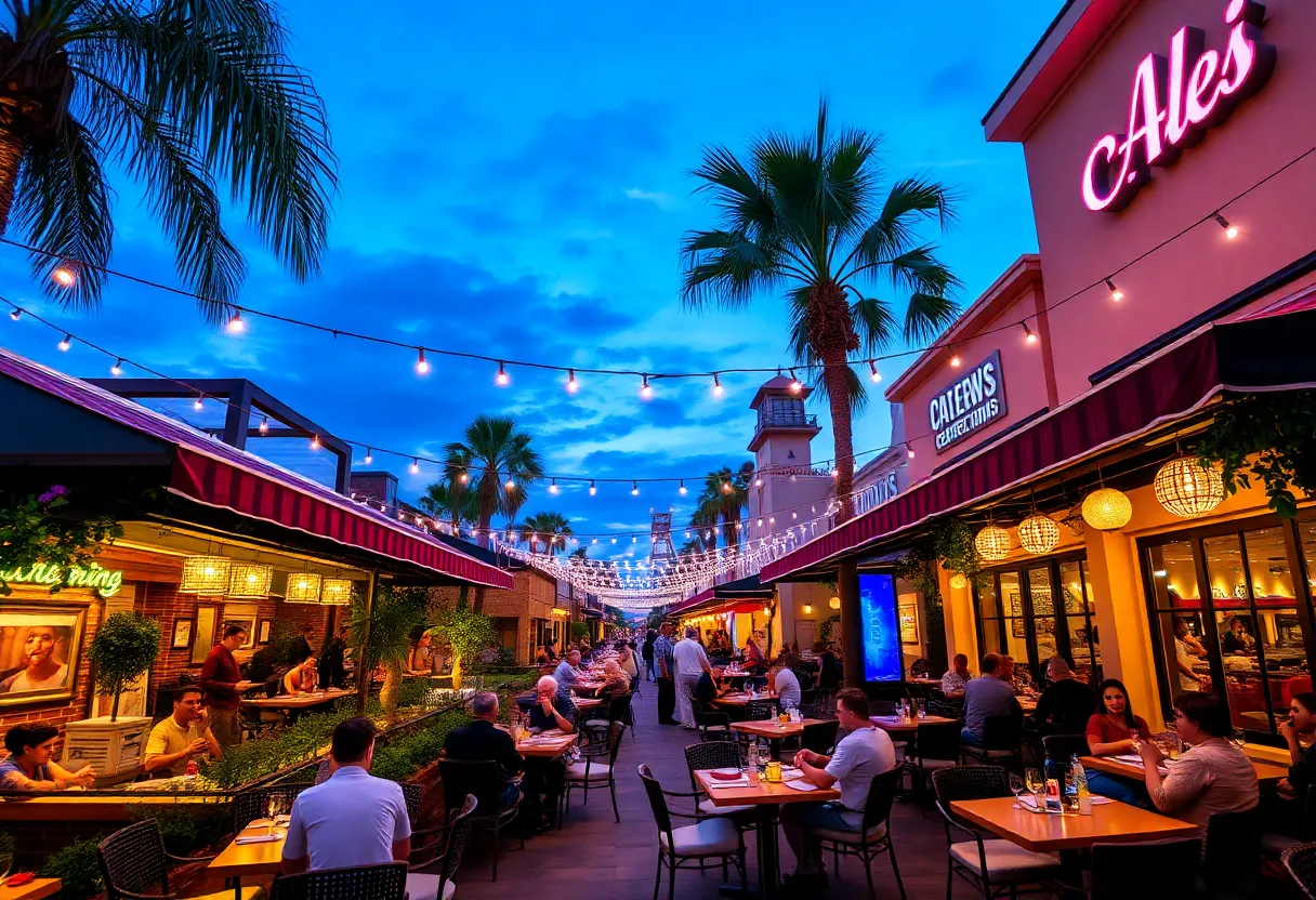 Dining scene at Orlando's Magical Dining event featuring outdoor seating and lively atmosphere.