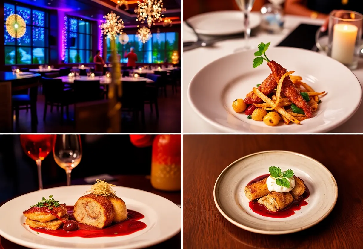 Diners enjoying a magical dining experience in Orlando with beautifully arranged meals.