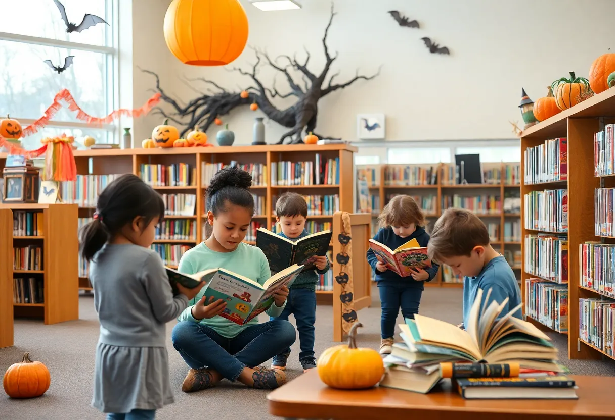 Families engaging in Halloween-themed library activities