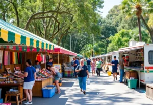 A bustling outdoor market in Orlando featuring vendors and visitors enjoying the lively atmosphere.