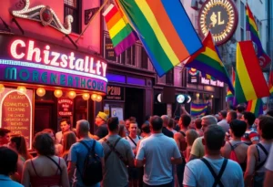 A busy street scene with LGBTQ+ pride flags near a nightclub.