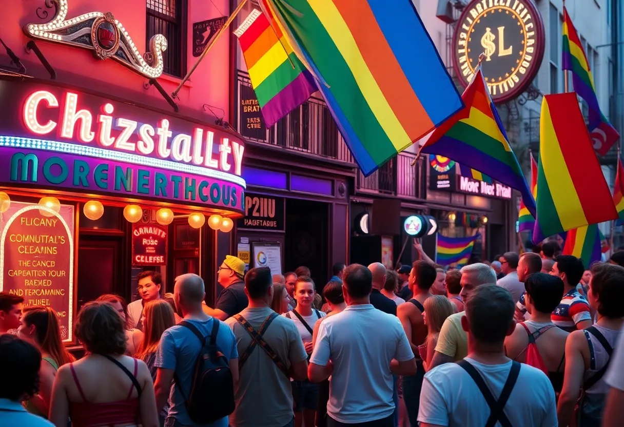 A busy street scene with LGBTQ+ pride flags near a nightclub.