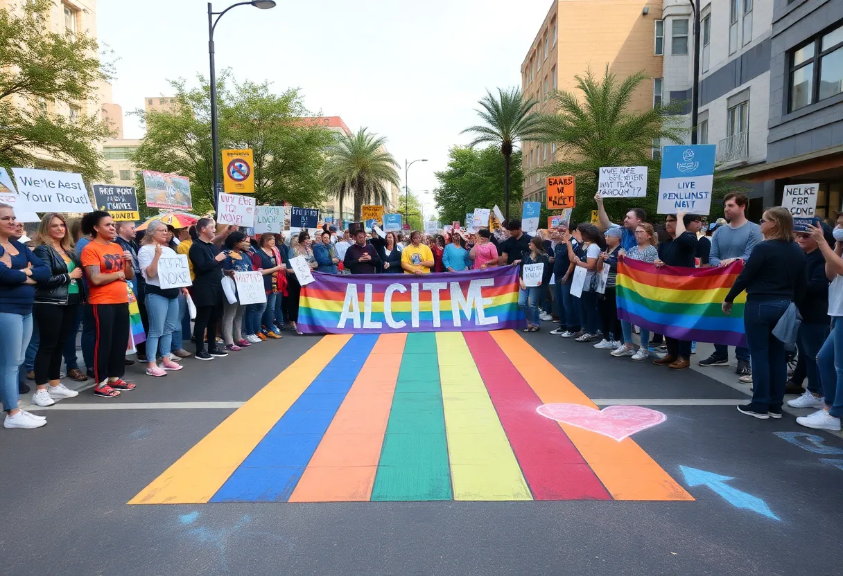 Demonstrators at Orlando's Rainbow Crosswalk protest