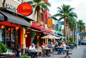 A bustling street in Orlando featuring various restaurants with outdoor seating.