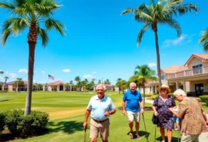 A picturesque retirement community in Orlando with palm trees and golf courses.