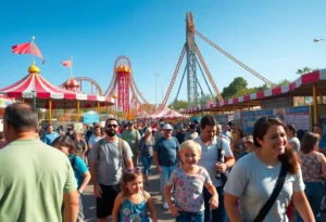 Families enjoying an Orlando theme park with roller coasters.