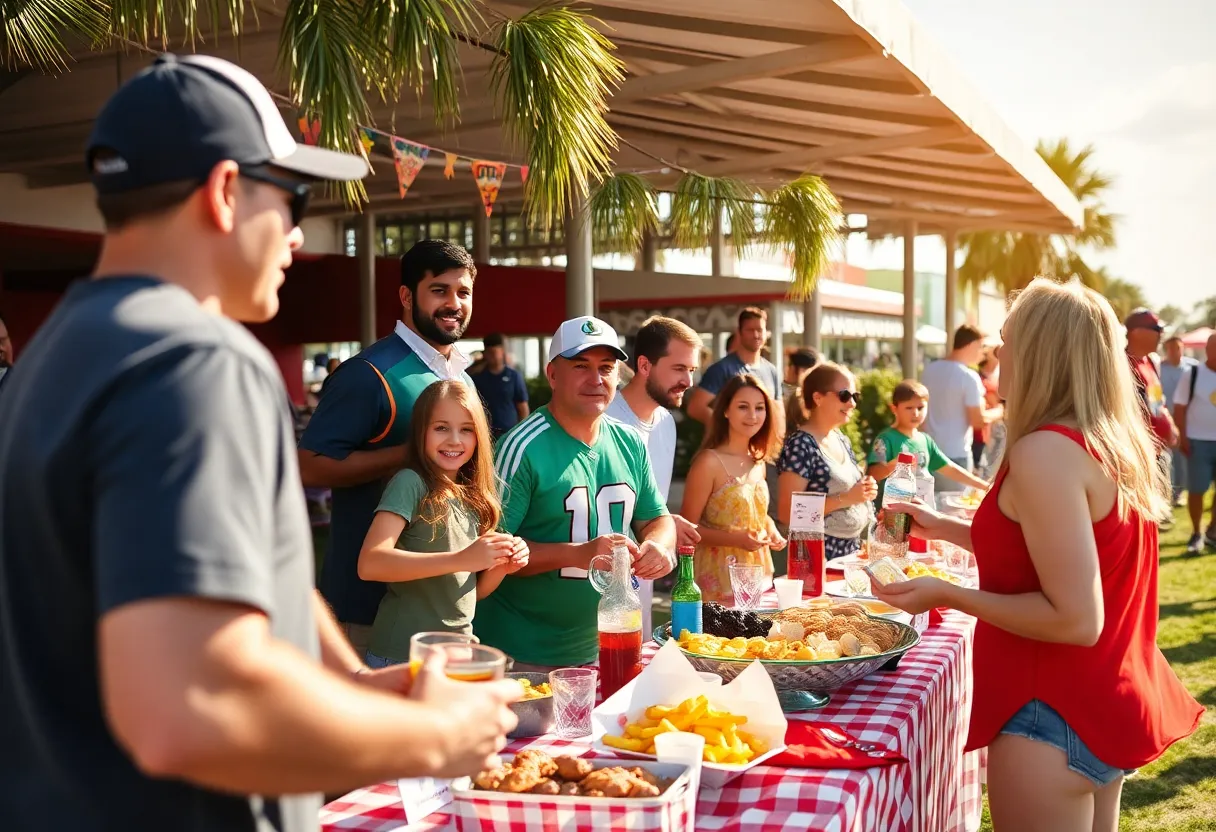 People enjoying a tailgate party in Orlando with sports themes