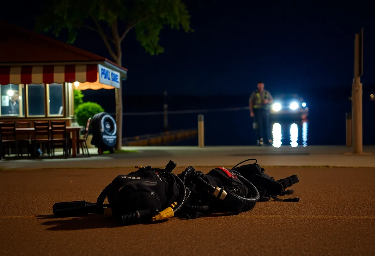 Scene of Paddlefish restaurant by a lake with scuba gear visible.