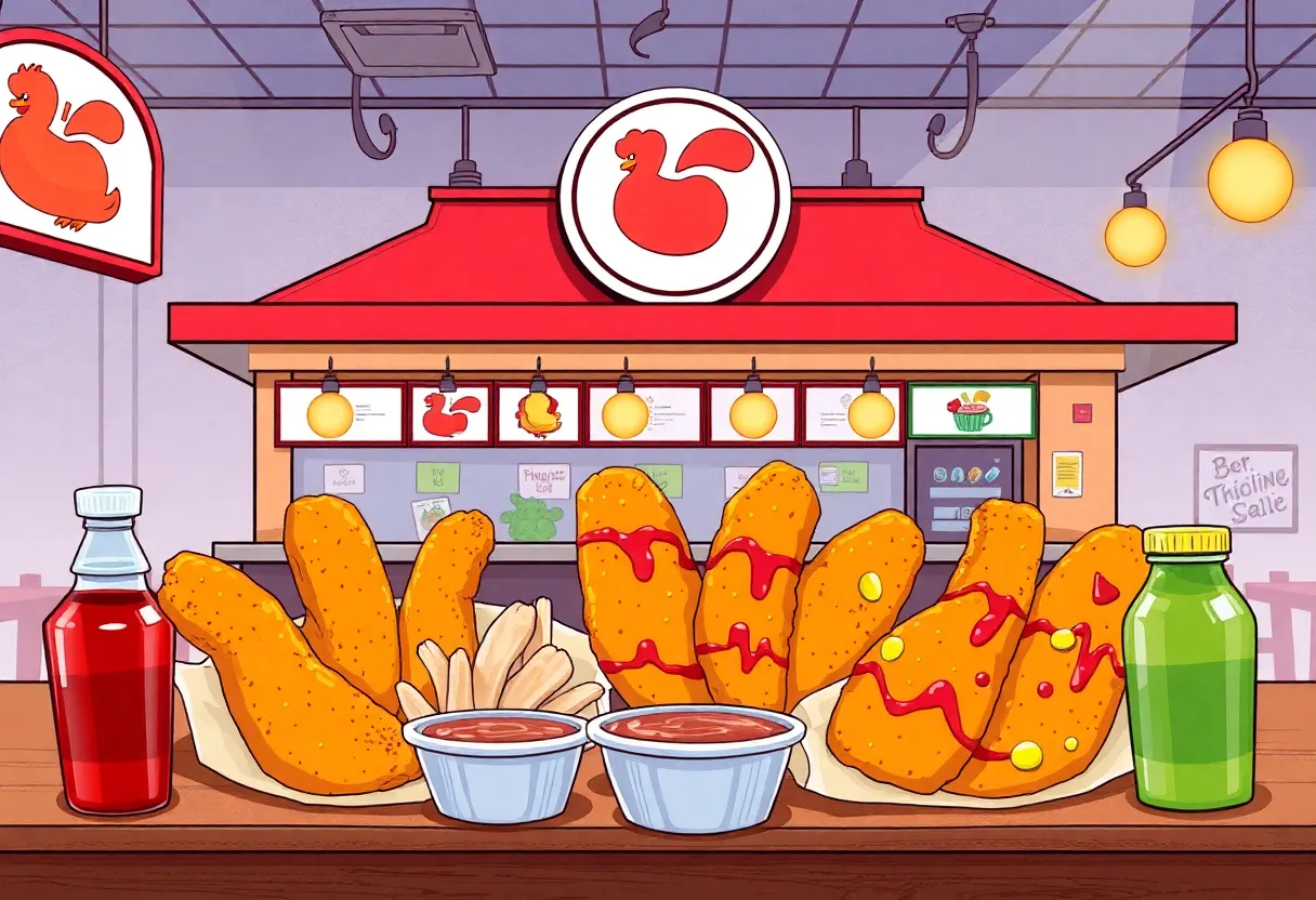 PDQ Chicken restaurant closing down with Saucy! logo in the background