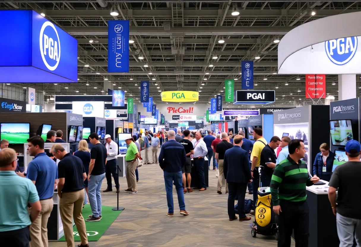 Scene from the PGA Merchandise Show in Orlando, featuring various golf brands and professionals networking.