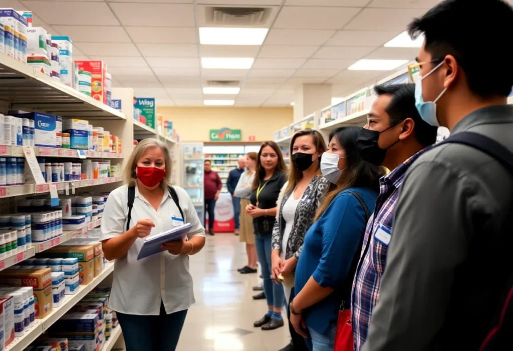 People in pharmacy looking for COVID-19 vaccine information