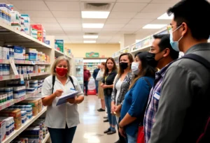 People in pharmacy looking for COVID-19 vaccine information