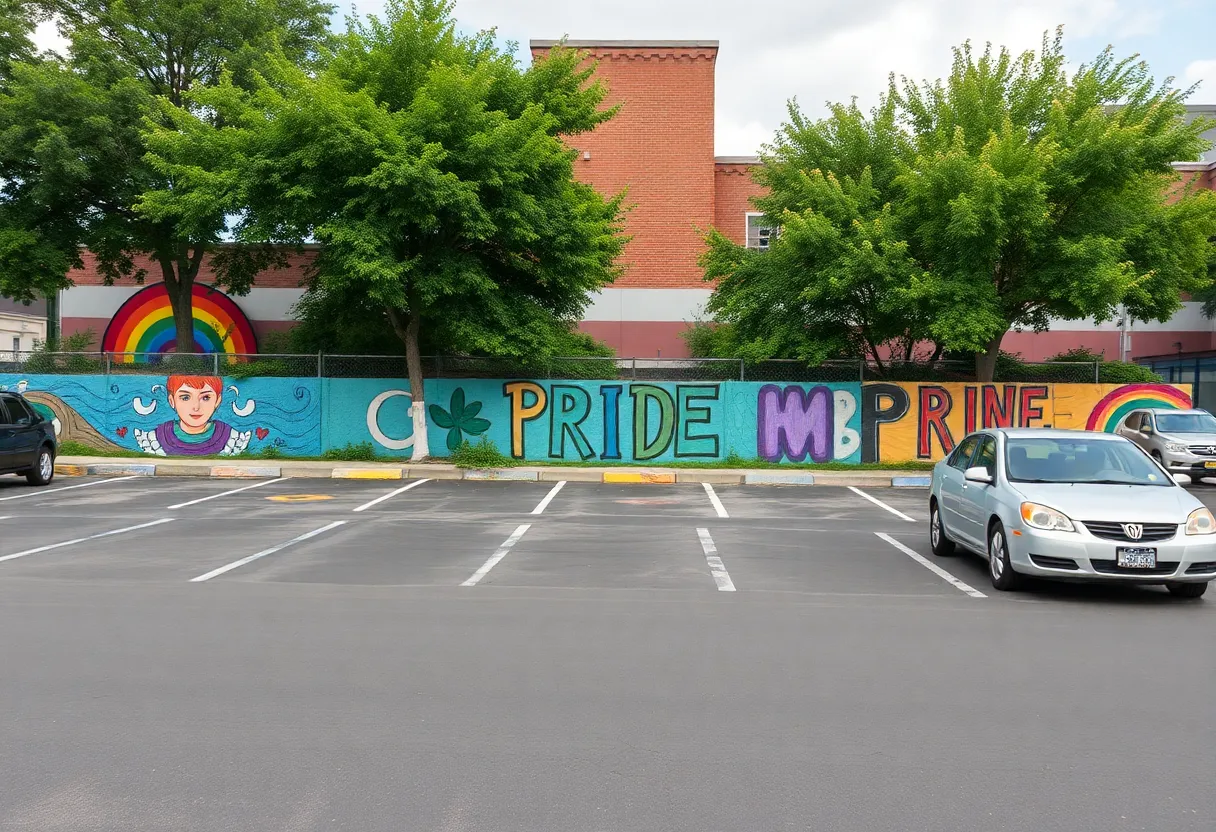 Colorful art installations celebrating Pride in parking spaces