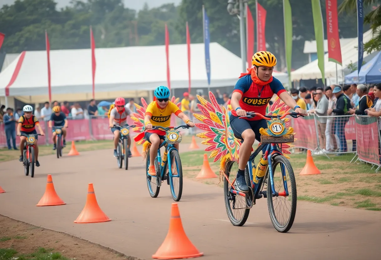 Pairs of cyclists on decorated bikes competing at the Red Bull Tandem Rollercoaster event