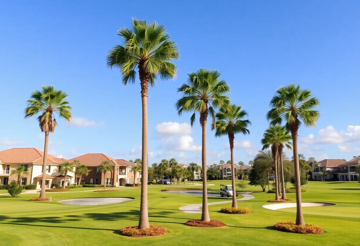 Sunny retirement communities in Orlando featuring palm trees and golf courses.