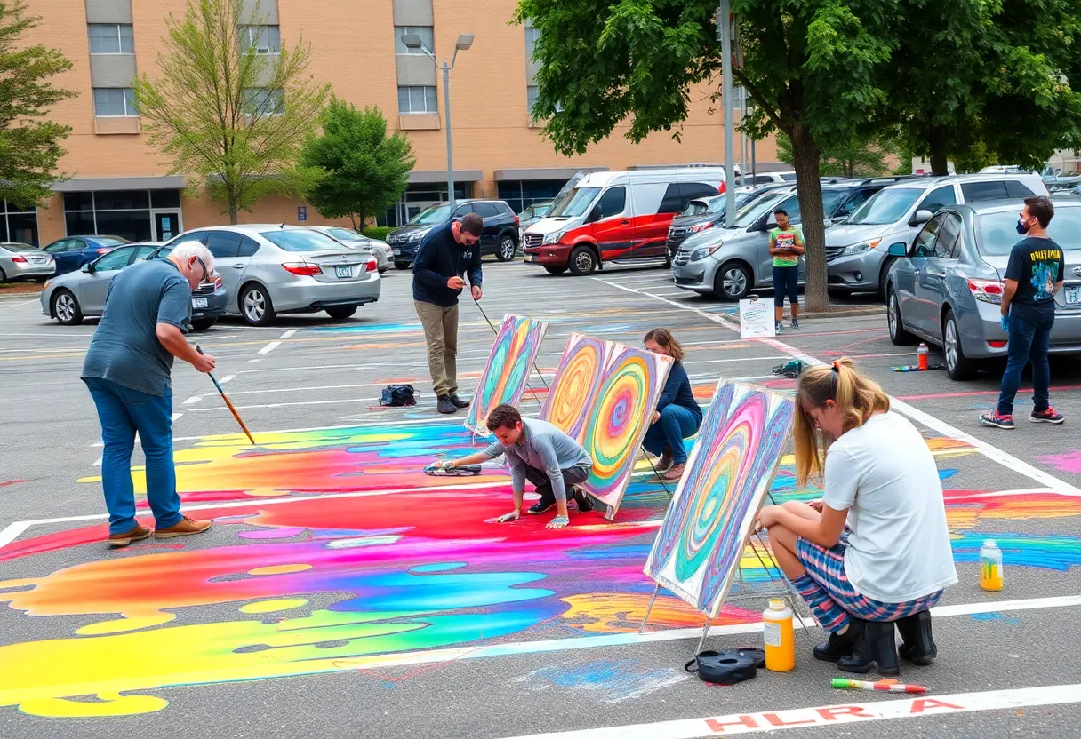 Artists painting colorful mini-murals at Se7enbites Pride event