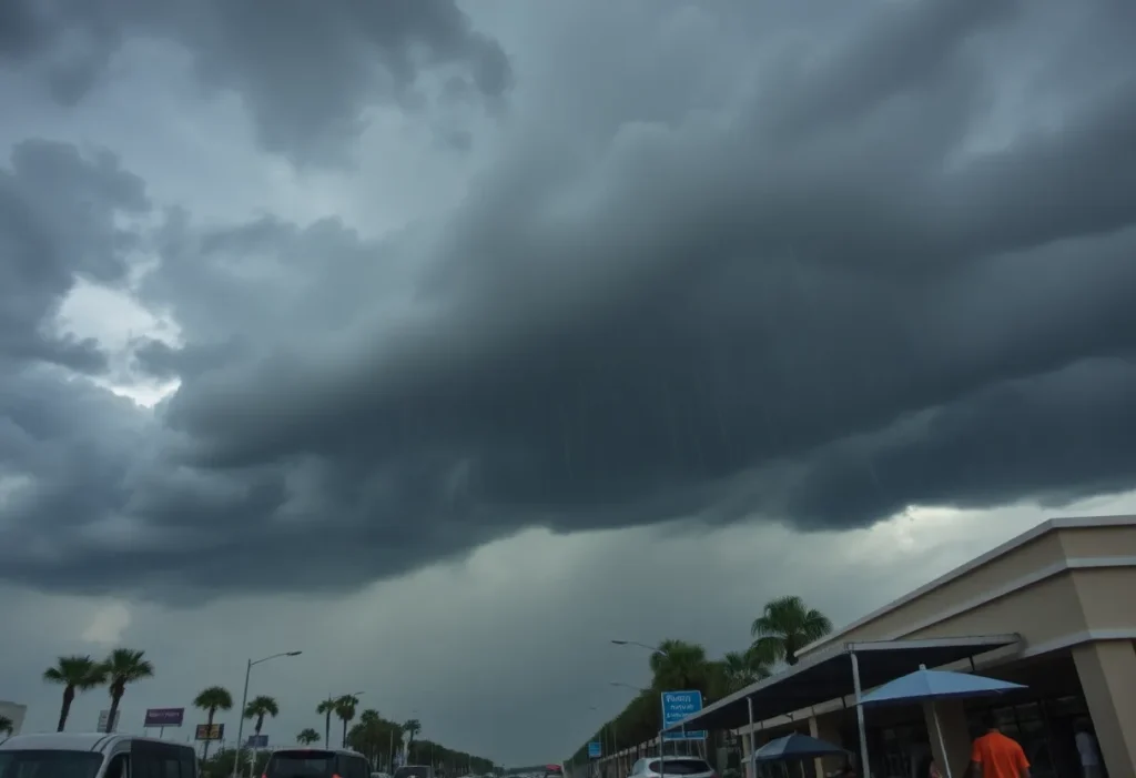 Dark storm clouds over Orlando Florida with pouring rain.