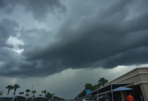 Dark storm clouds over Orlando Florida with pouring rain.