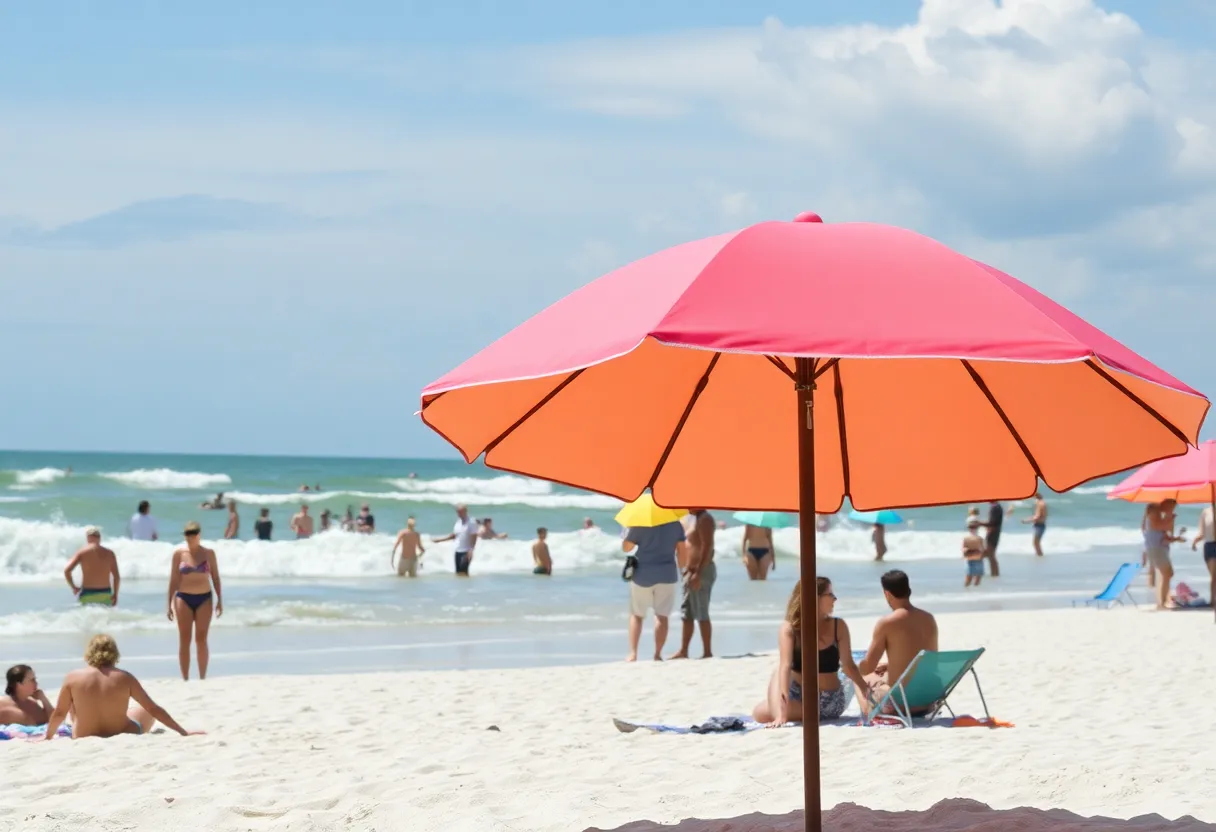 Beachgoers enjoying a sunny weekend in Orlando Florida with waves and clouds in the background.