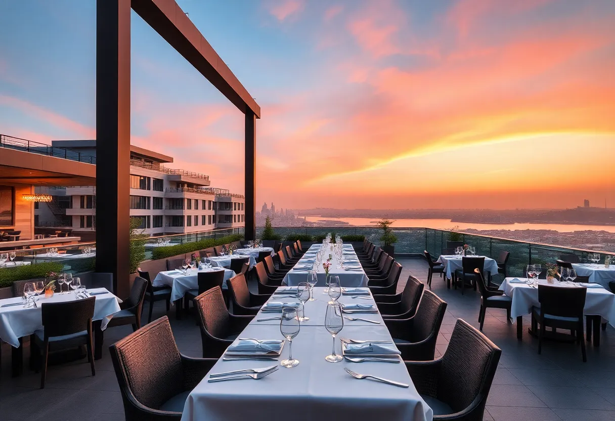 Dining area at Toledo restaurant with sunset view