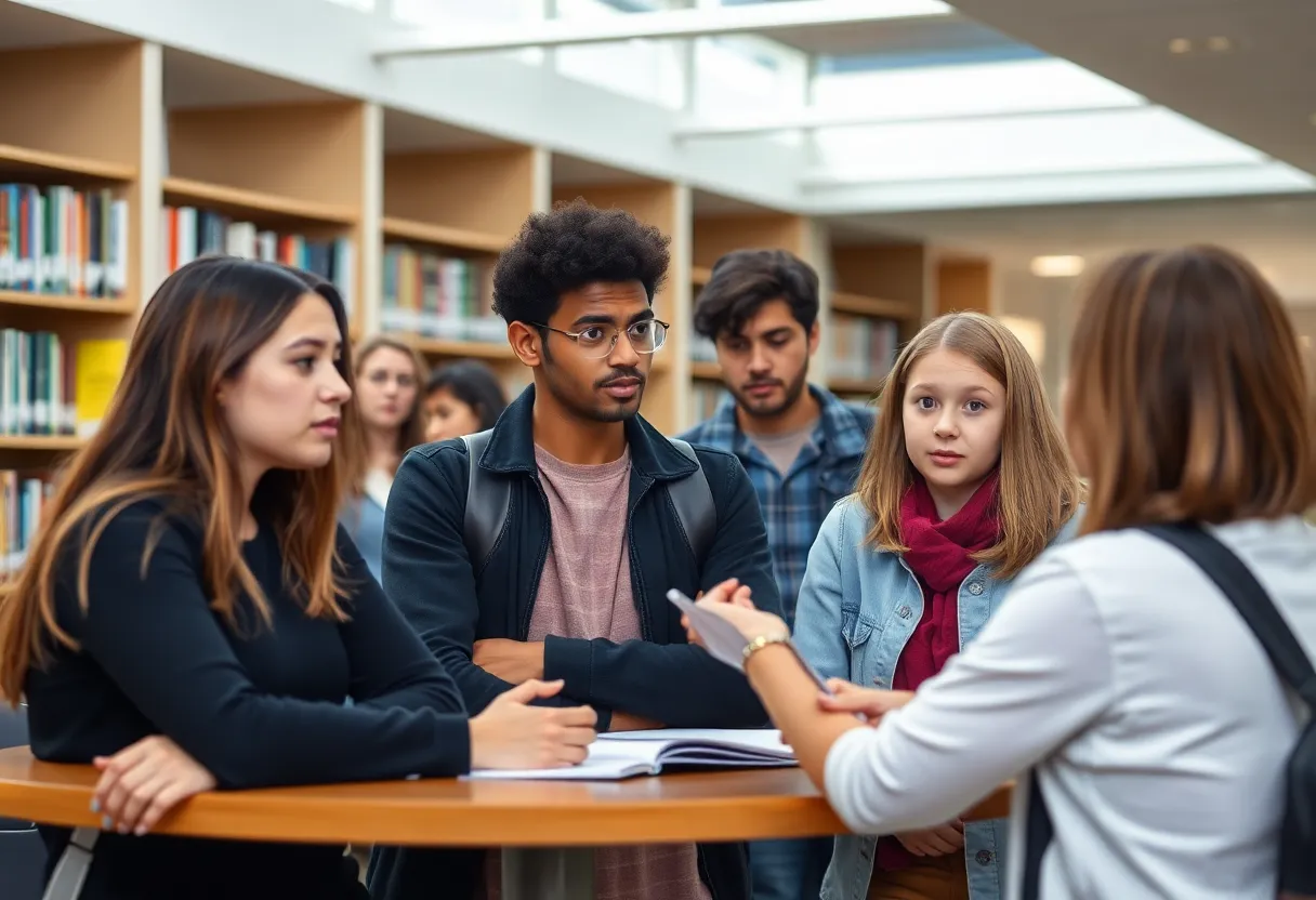 Students discussing privacy concerns in a university library