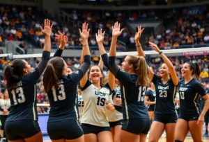 UCF volleyball team celebrating after a match victory