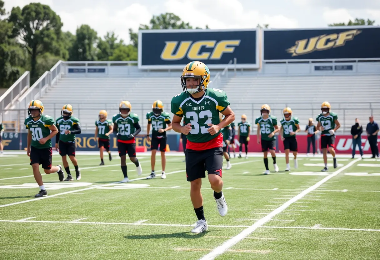 Young football players training on the field with UCF branding