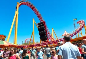 A lively scene of a roller coaster at Universal's Epic Universe with families enjoying the attractions.