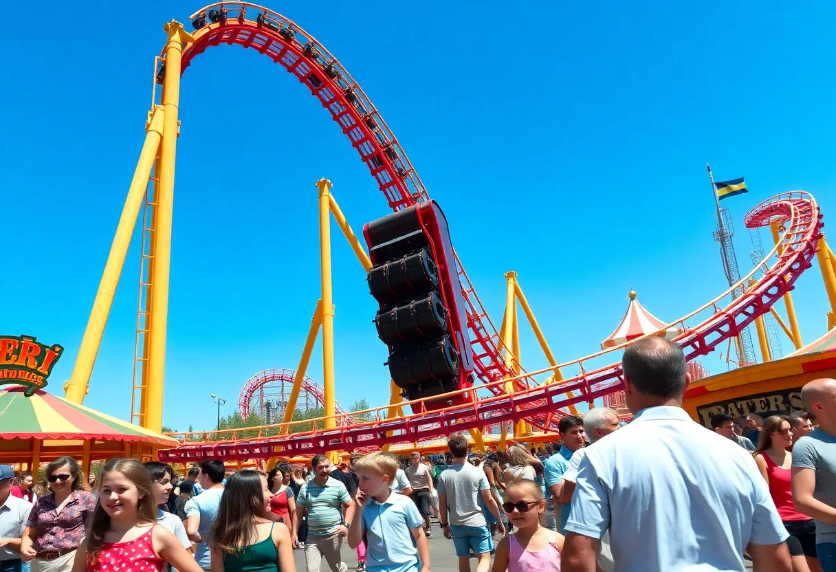 A lively scene of a roller coaster at Universal's Epic Universe with families enjoying the attractions.