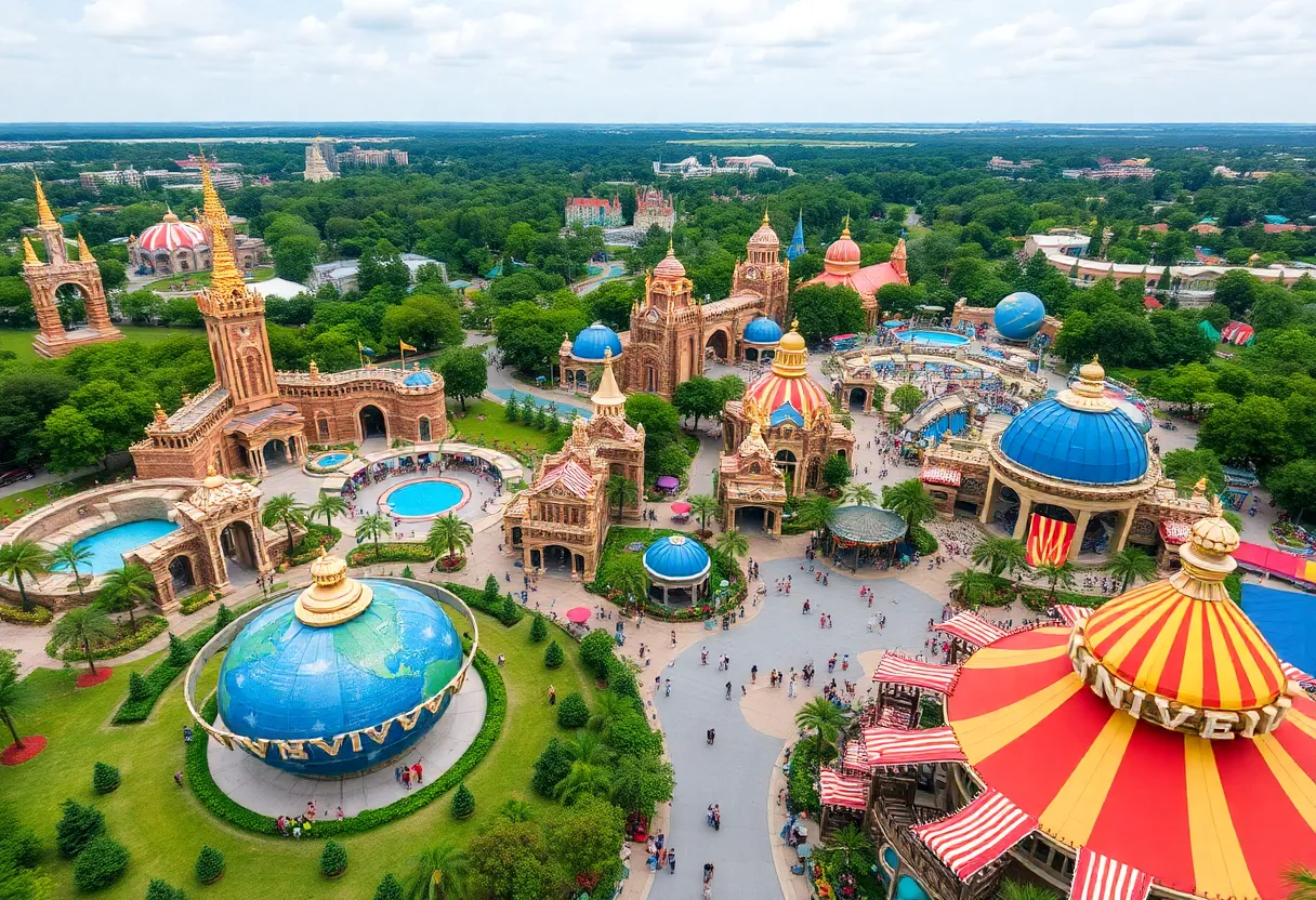 Aerial view of Universal Epic Universe with visitors and attractions