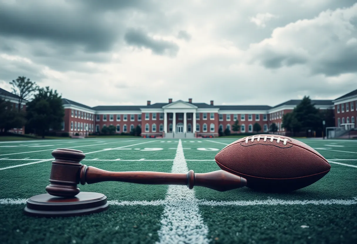 Empty football field on a university campus with a gavel.