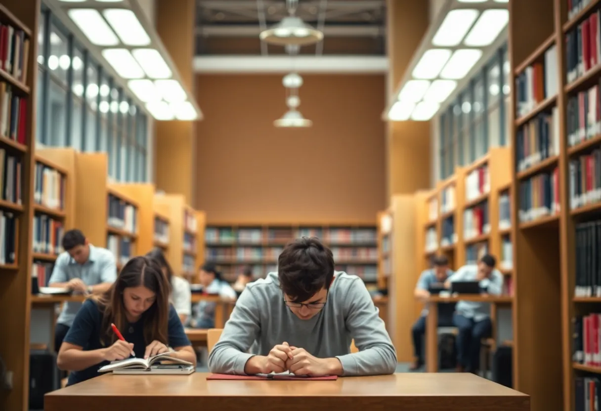 University students studying in a library