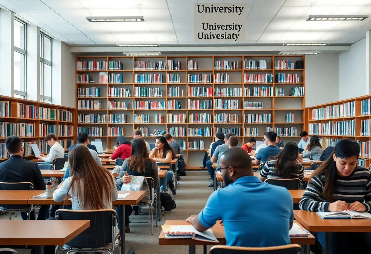 Students in a university library studying together