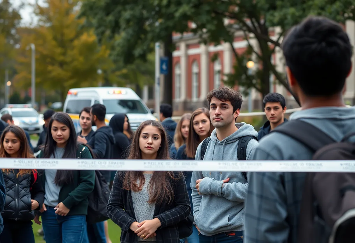 University campus with emergency response vehicles and concerned students