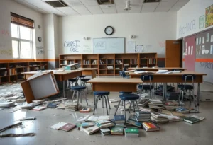 Interior view of a vandalized school media center with overturned tables and graffiti.