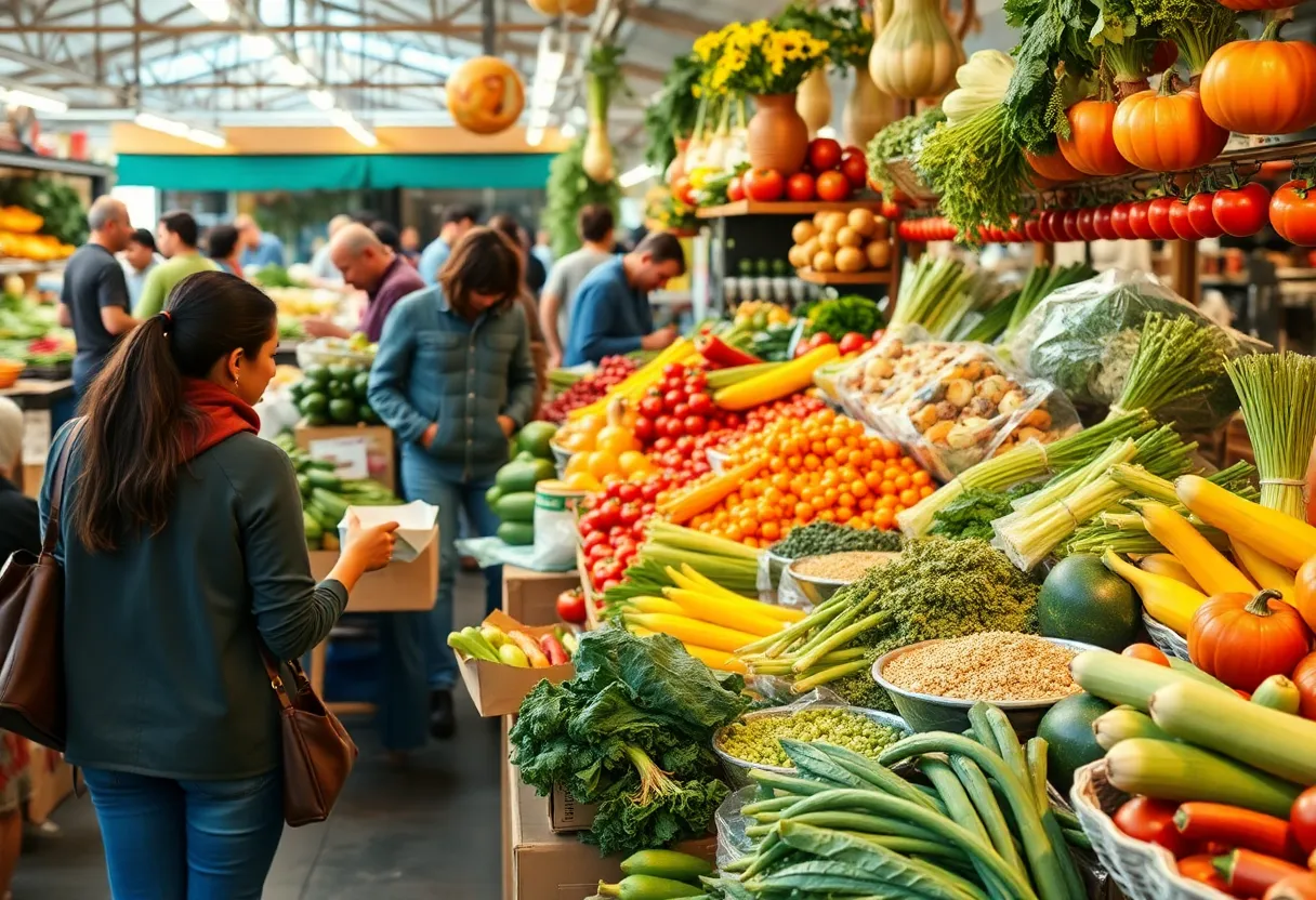 Fresh produce and plant-based food displays at a market in Florida