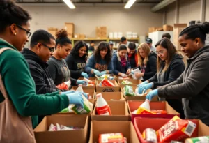 Volunteers packing meals at the Second Harvest food bank.