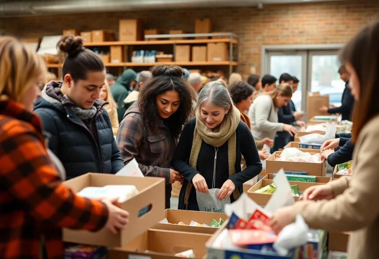 Community volunteers packing food boxes for those in need at a food bank.