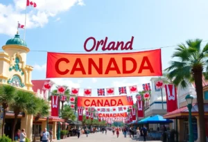 Orlando destinations promoting travel for Canadians with banners and attractions