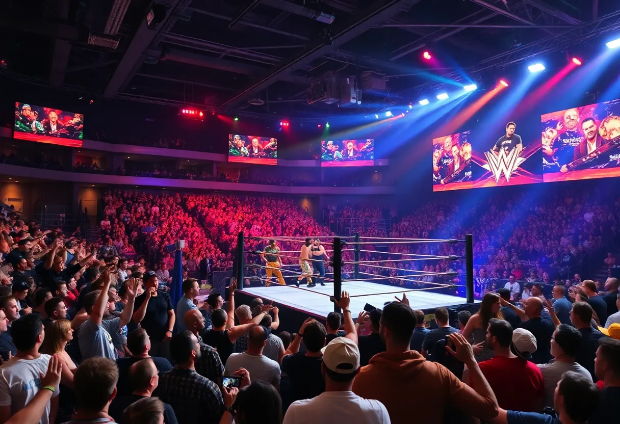 Wrestling event crowd in a vibrant arena