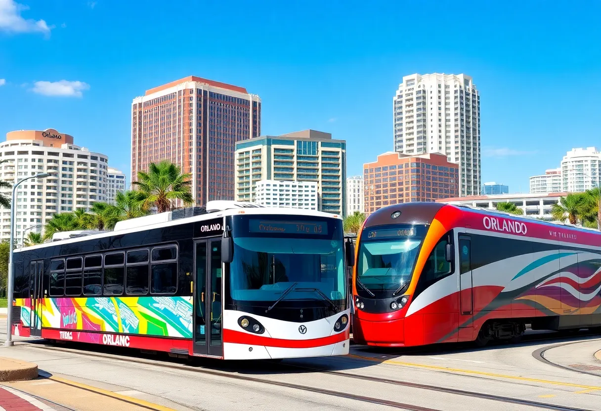 Different modes of affordable transportation in Orlando including a trolley, bus, and train