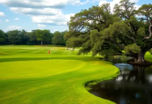 A picturesque view of Arlington Ridge Golf Club, featuring fairways lined with oak trees and a serene river.
