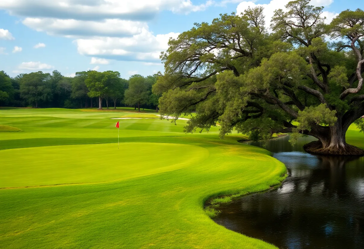 A picturesque view of Arlington Ridge Golf Club, featuring fairways lined with oak trees and a serene river.