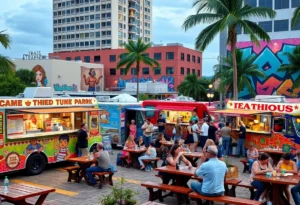Art2 Food Truck Park showcasing colorful trucks and crowds