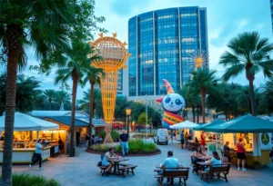 Grand opening of Art² Park in downtown Orlando with crowds and food vendors.