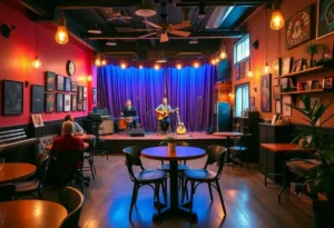 Inside view of the new Austin's Coffee location with stage and decor